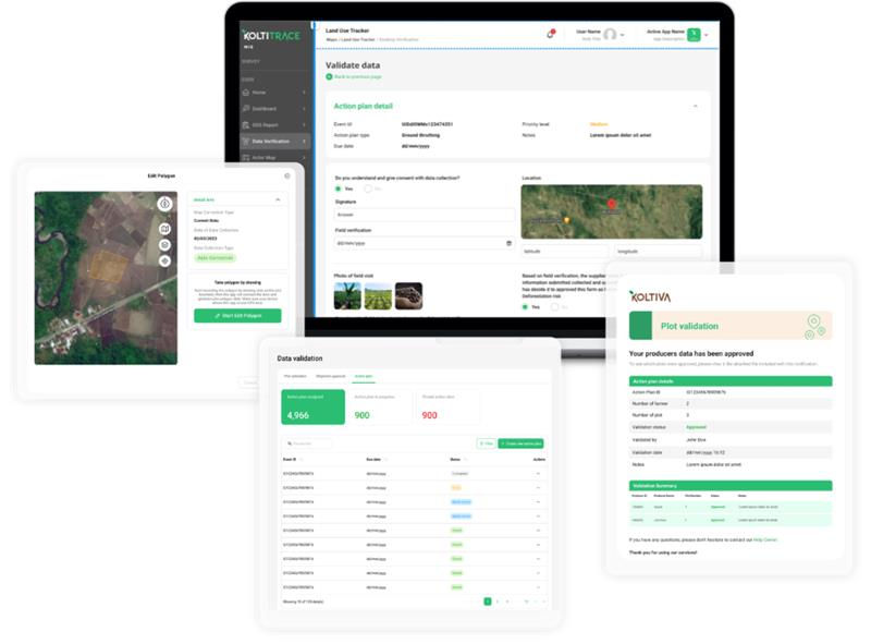 Compliance Management System interface displaying deforestation risk cases and verification workflows. - Koltiva.com