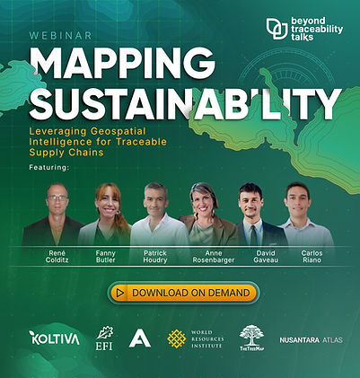 Webinar banner for BeyondTraceability Talks #3 featuring speakers from WRI and Koltiva, highlighting geospatial intelligence for traceable supply chains.