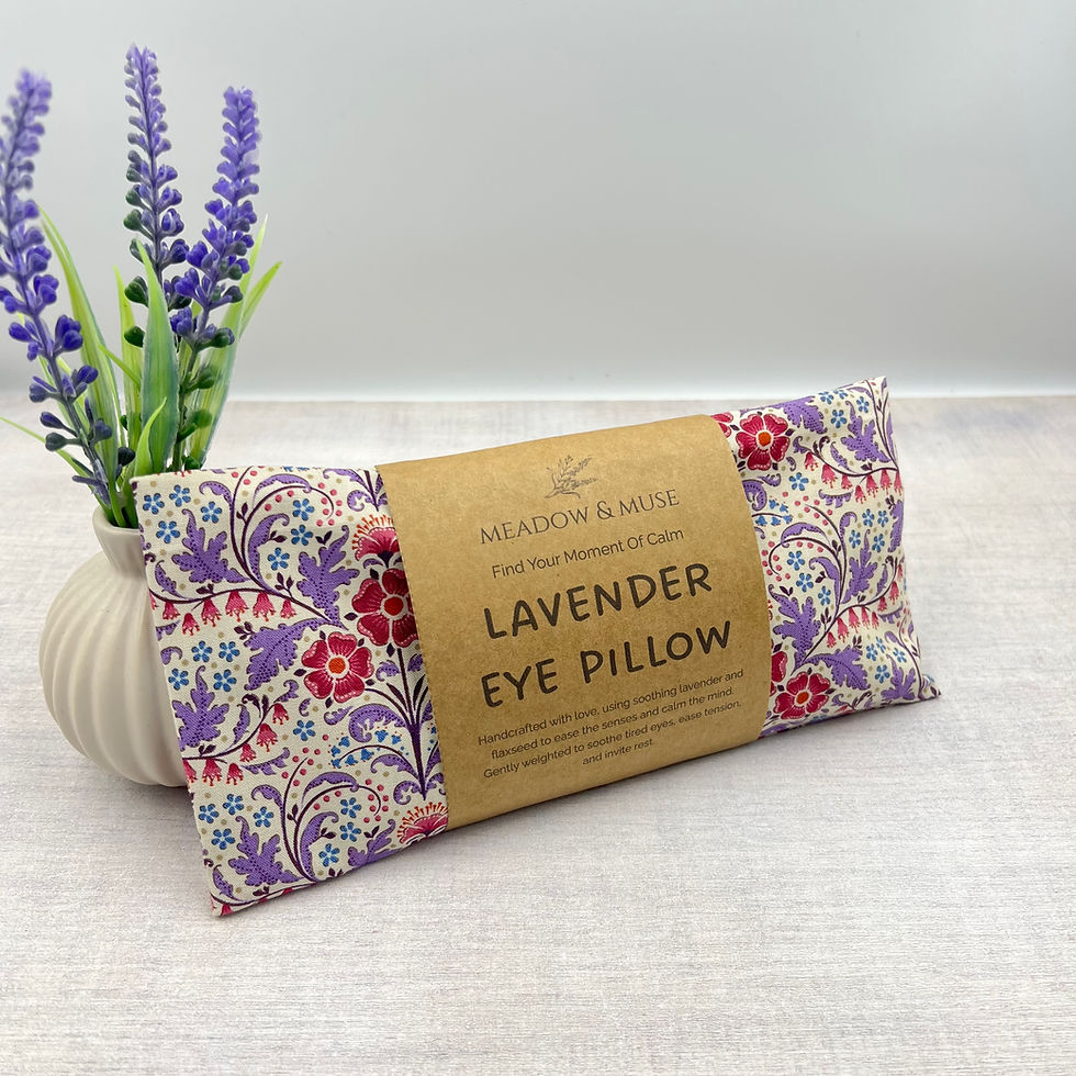 Thumbnail: Handmade lavender eye pillows by Meadow & Muse, crafted from floral cotton fabric and filled with flaxseed and dried lavender