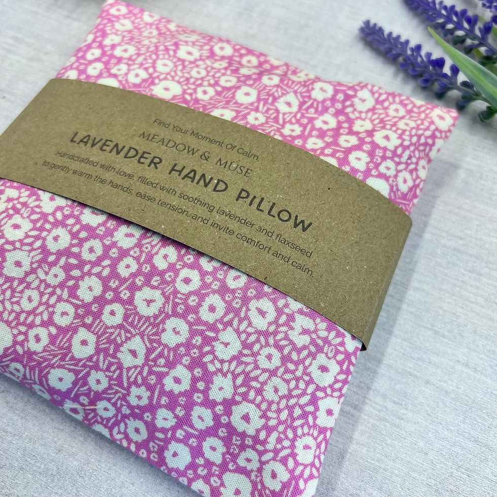 Lavender flaxseed hand pillow used warm or cold to soothe arthritis, ease hand fatigue, and provide calming comfort.