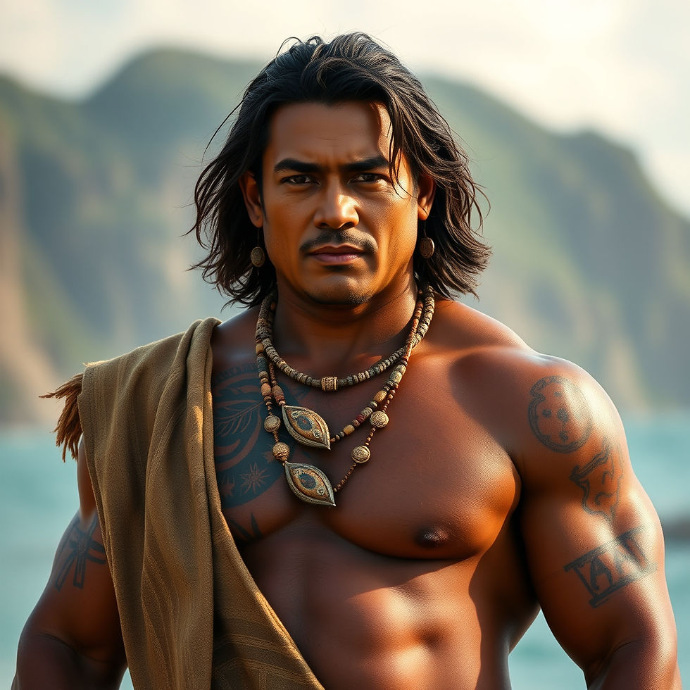 “full body, Tall, broad‑shouldered Samoan king of an island nation, medium brown skin, str
