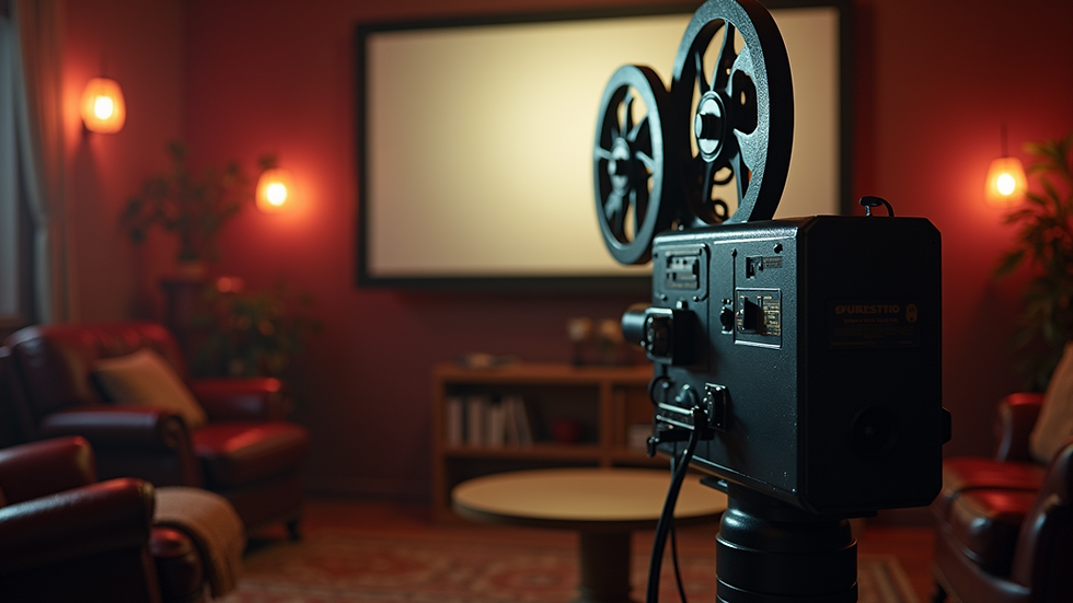 Eye-level view of a vintage film projector in a cozy screening room