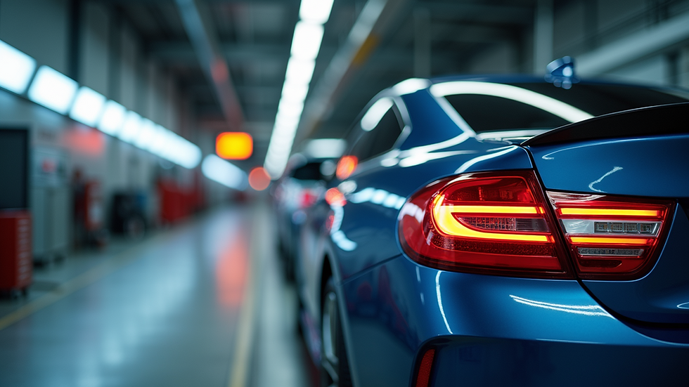 Wide angle view of a car preparing for TÜV inspection
