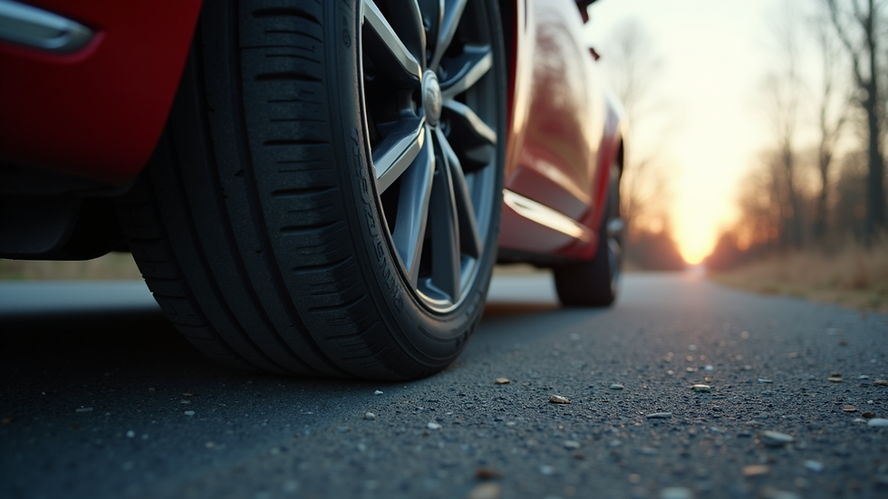 Close-up view of car tires showing tread depth
