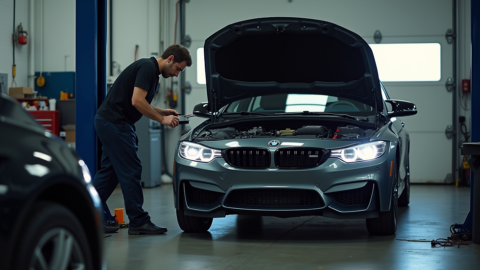 Eye-level view of workshop with a mechanic inspecting a car