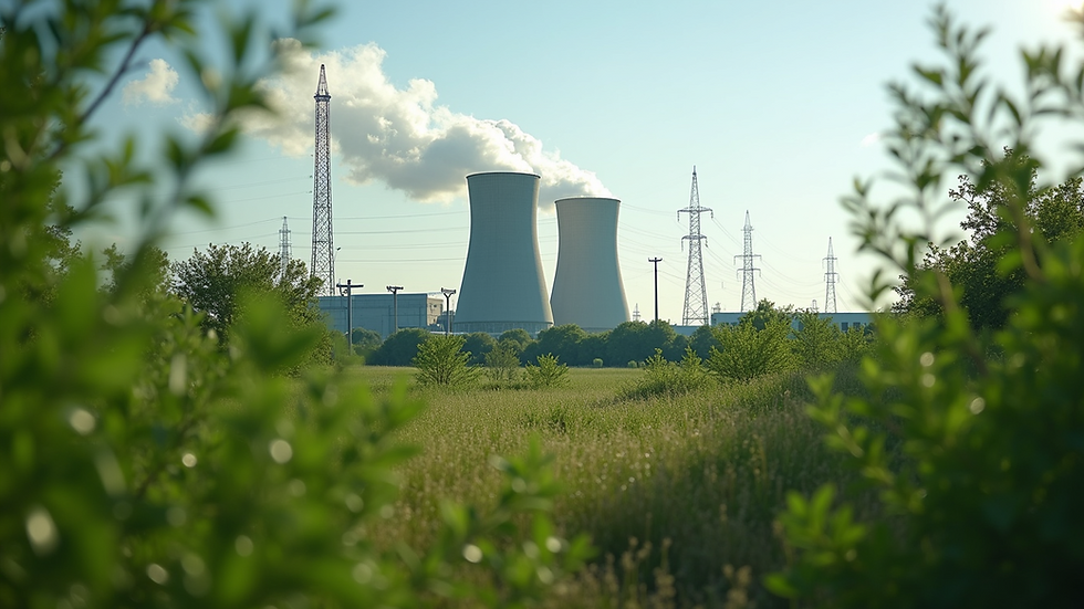 Eye-level view of a power plant surrounded by greenery