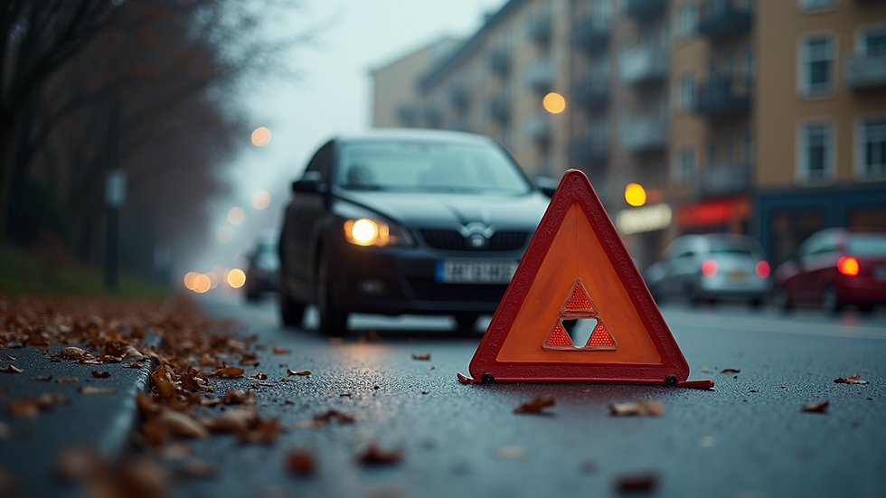 High angle view of a car accident scene with warning triangle