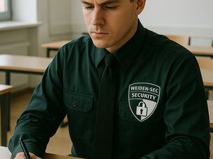 Ein junger Mann in schwarzer Uniform mit dem WEIDEN-SEC SECURITY-Logo nimmt an der Sachkundeprüfung §34a für das Sicherheitsgewerbe teil. Er sitzt lächelnd an einem Tisch in einem hellen Prüfungsraum und füllt konzentriert ein Prüfungsformular aus.