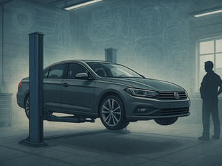 Moderner dunkelgrauer Pkw auf einer Hebebühne in einer hellen Werkstatt, im Hintergrund schemenhafte technische Blueprints an der Wand und die Silhouette eines Mechanikers, der das Fahrzeug prüft.