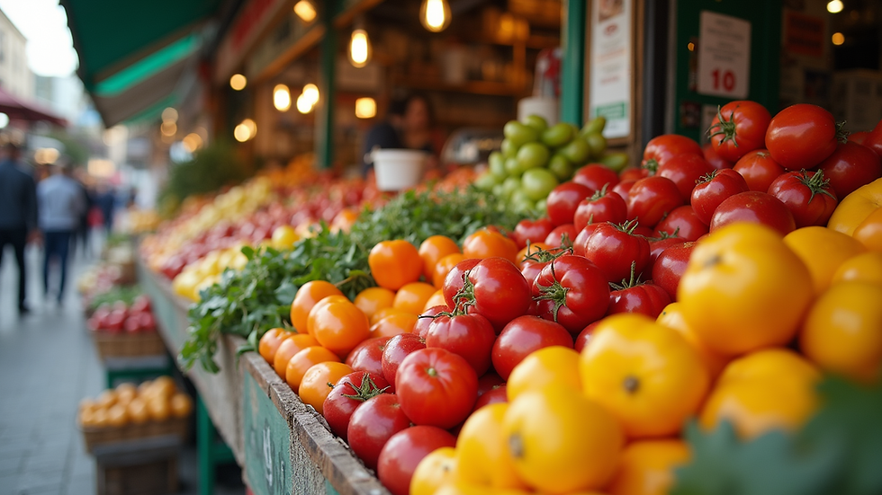 Eye-level view of a vibrant market stall filled with colorful fruits and vegetables