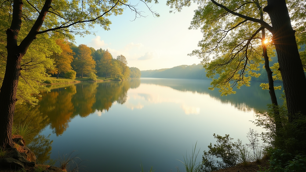 Eye-level view of a calm lake reflecting a clear sky