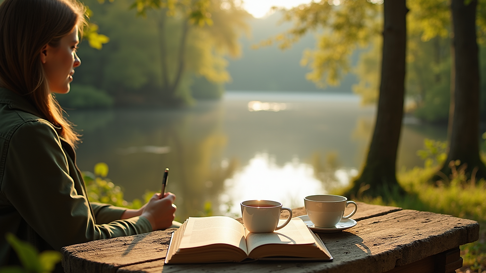 High angle view of a person journaling with a cup of tea nearby