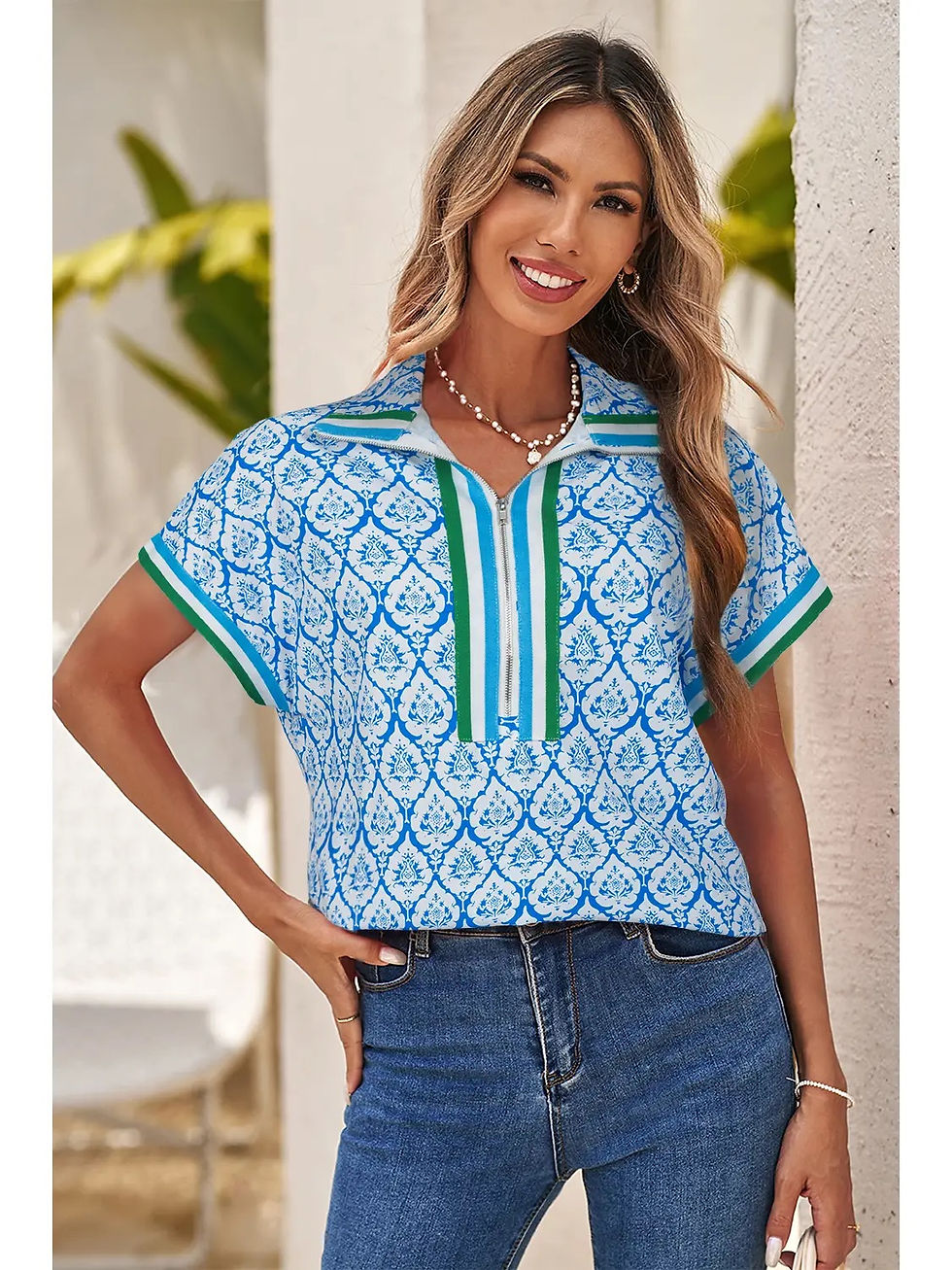 Skyblue Colorblock Regular Shift Short Sleeve Blouse