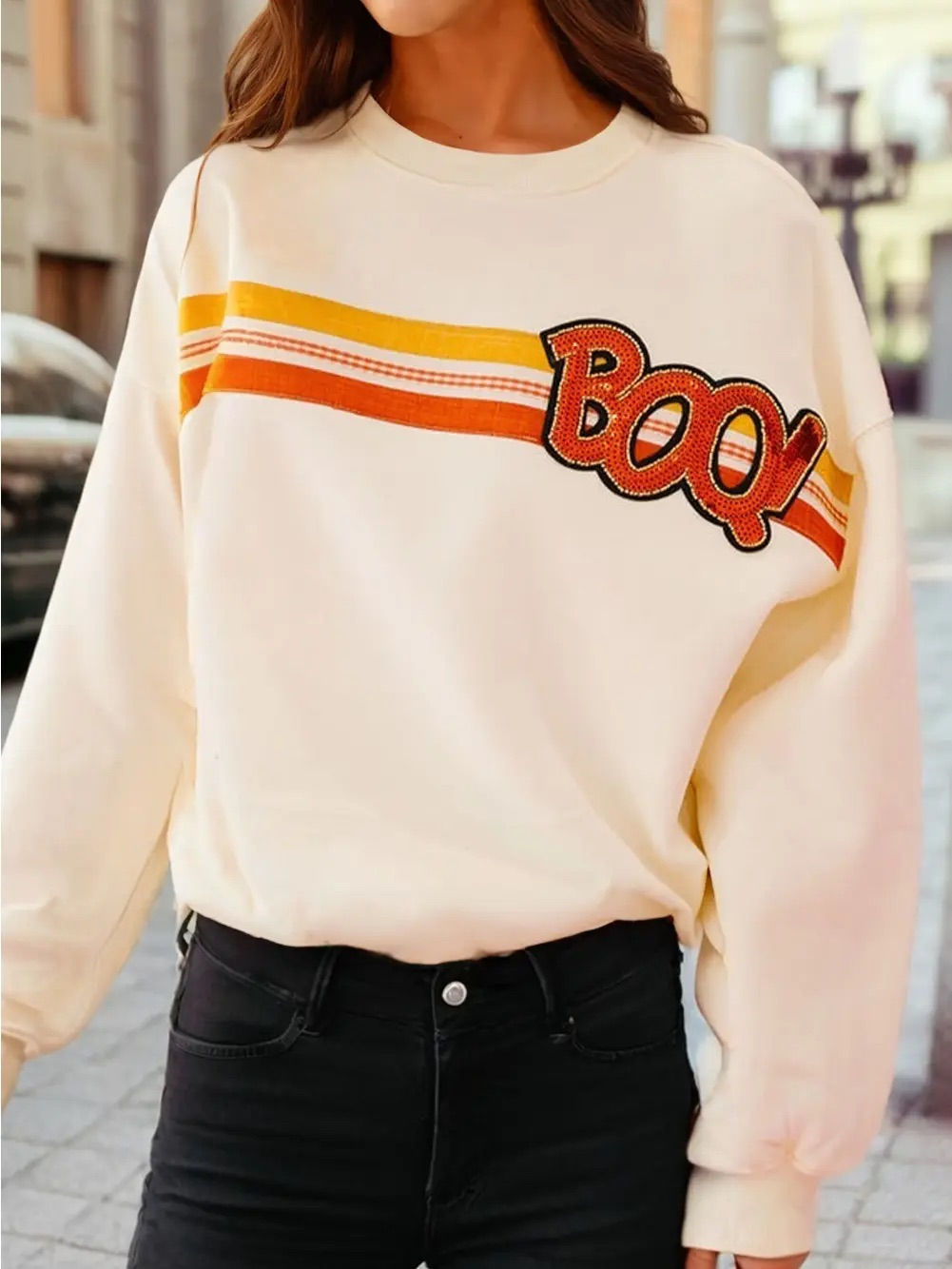 Sequin Boo Patched Striped Detail Drop Shoulder Pullover