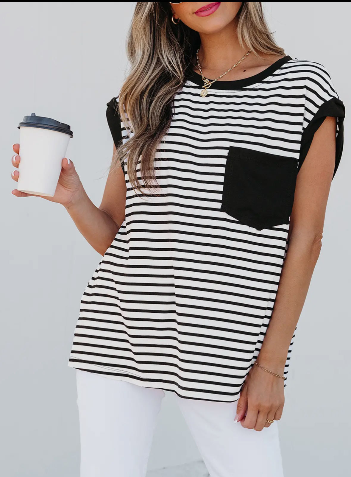 Stripe Chest Pocket Patch Round Neck Tank Top