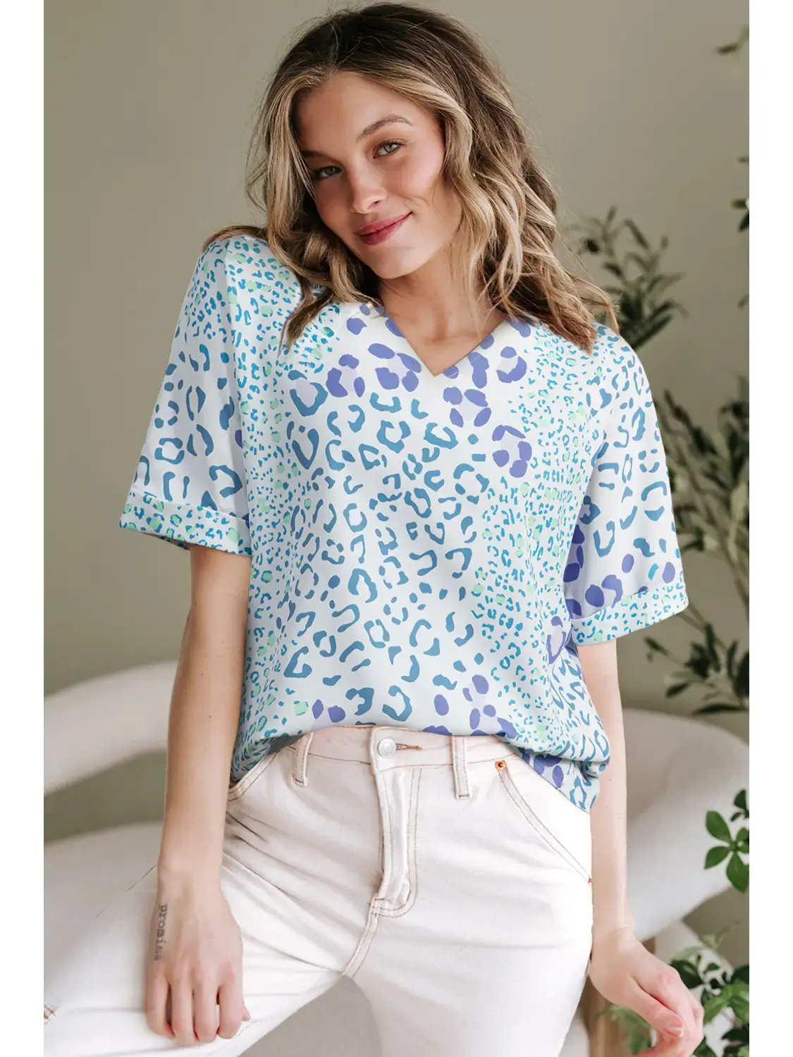 Mixed Leopard Print V Neck Short Sleeve Blouse