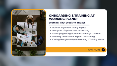 An overview of what is covered in the article, "Onboarding & Training at Working Planet: Learning That Leads to Impact"