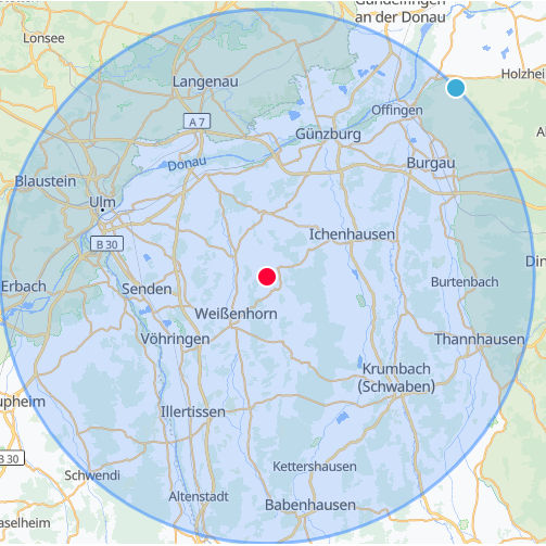 Miniaturbild: Karte/Region: „Karte: Ballonfahrt-Region Ulm, Günzburg und Ichenhausen (25 km Umkreis)