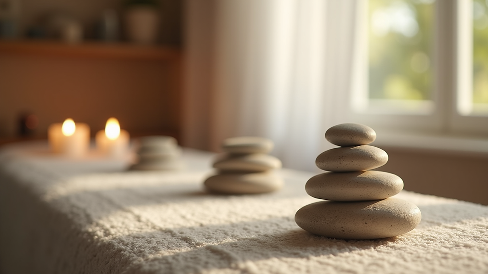 Eye-level view de sala de massagem com pedras quentes e ambiente relaxante