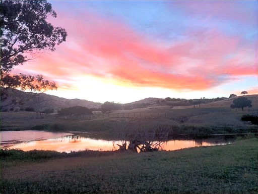 A summer sunset reflected across the pond, one of those views that makes it worth staying at the ranch a little longer.