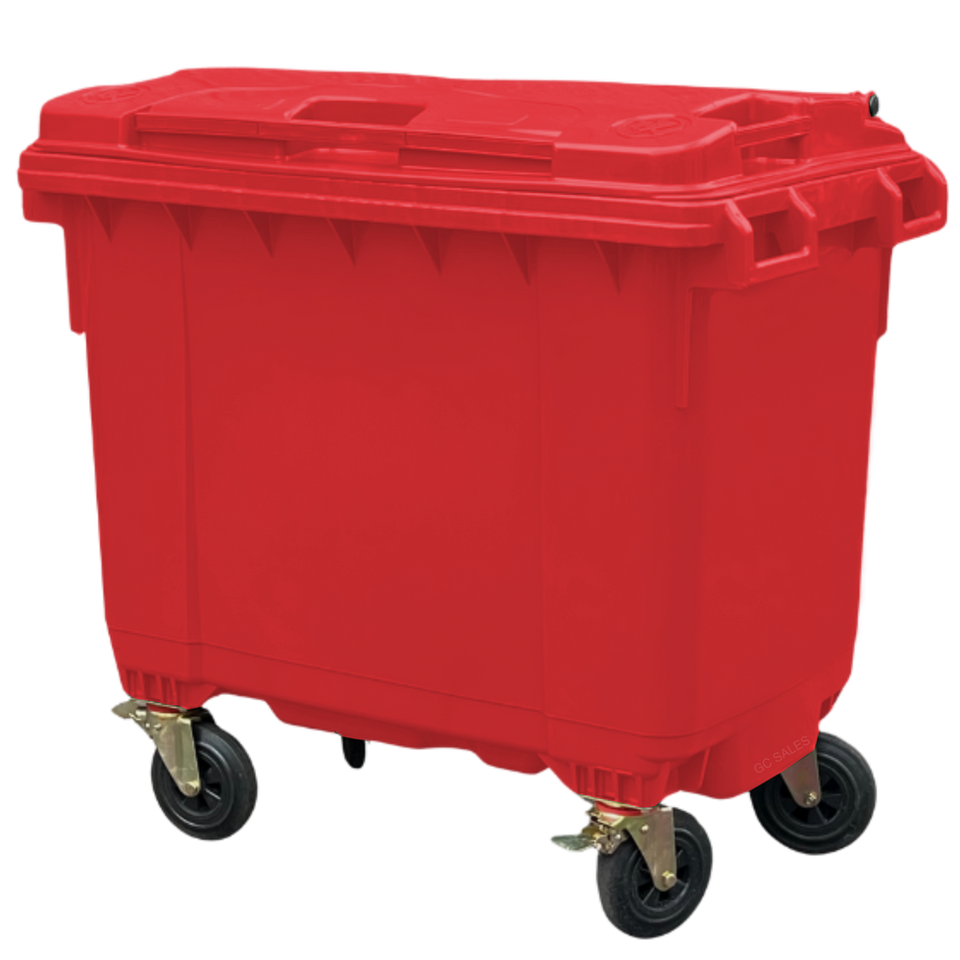 RED plastic skip wheelie bin