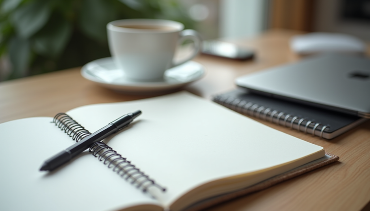 Eye-level view of a tidy workspace with a clean desk, a notebook, and a cup of coffee