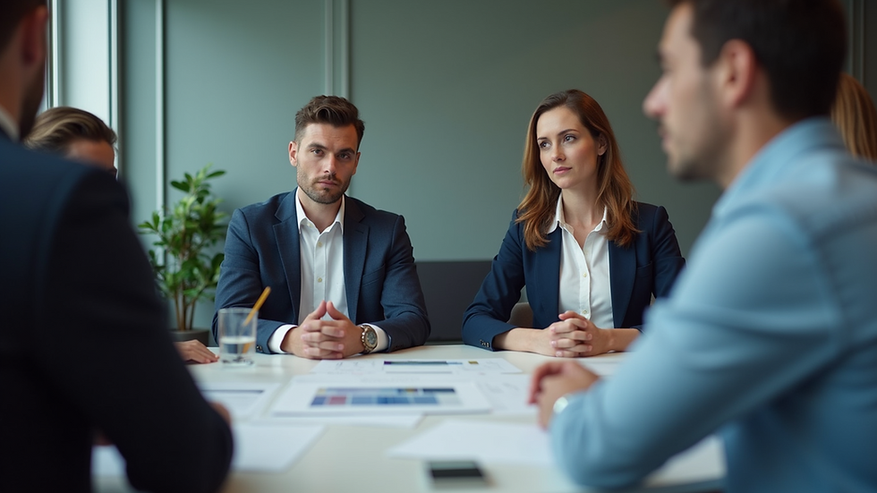 Eye-level view of a consultant explaining ISO standards to a business team