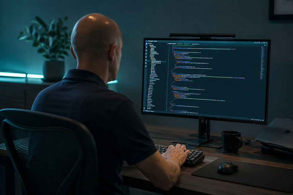 A developer working at a terminal with dark-themed code visible on screen in a modern desk setup.