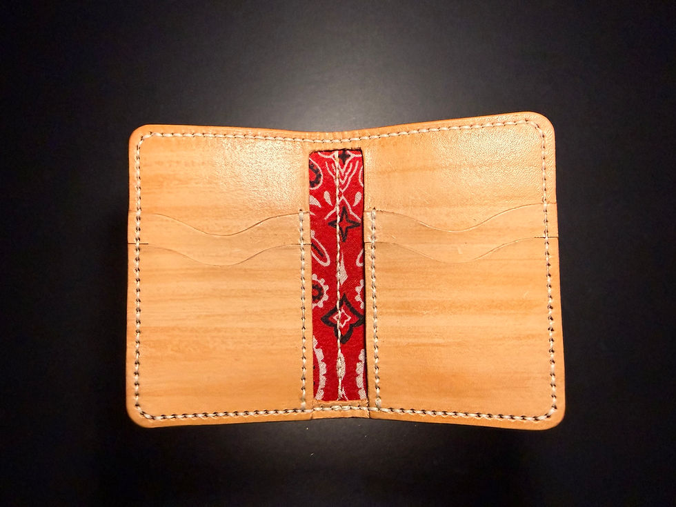 Thumbnail: natural color handmade Leather short bi-fold wallet - open flat with red, black and white liner