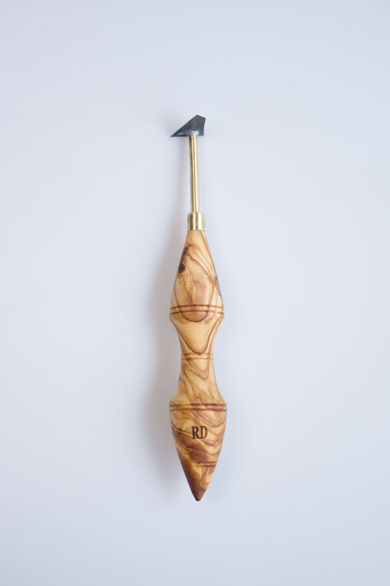 Angled Tip Shape Tungsten Carbide Blade Pottery Tool Olive Wood Handle