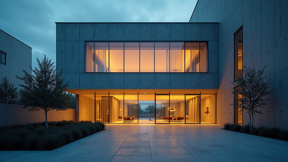 Eye-level view of a modern architectural building with realistic lighting