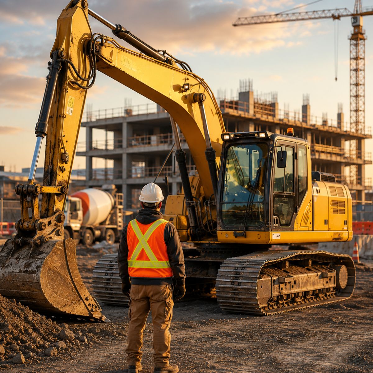 Excavator and worker on a construction site.