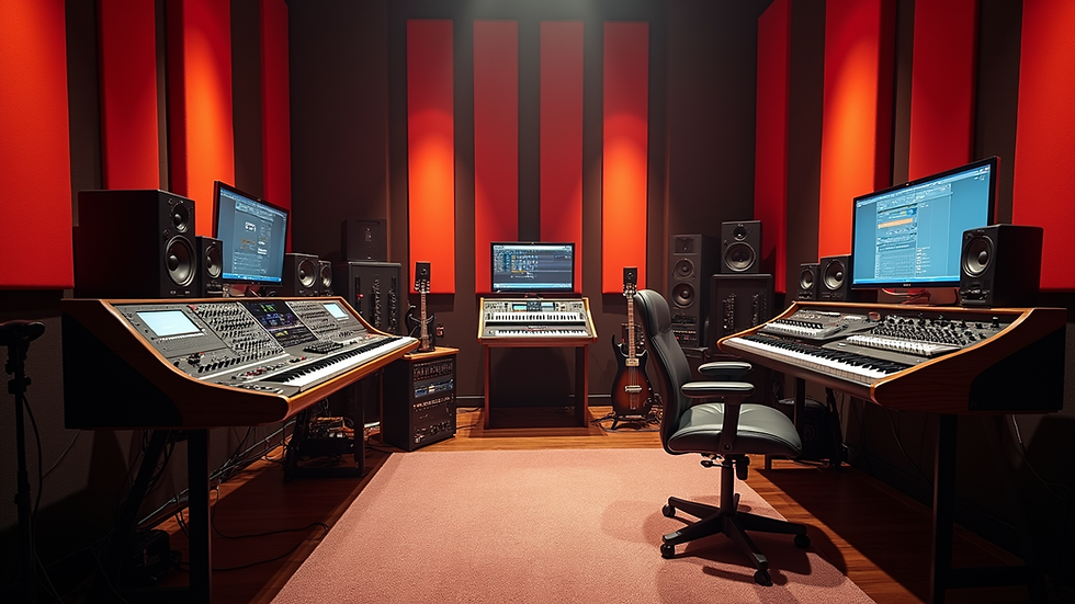 Vista aérea de un estudio de producción musical con equipo de techno