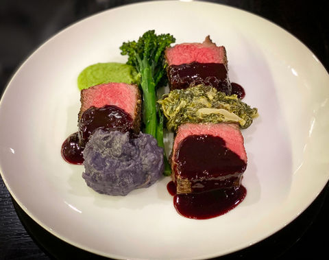 Australian Wagyu strip-lion, Peruvian purple potato purée, creamed spinach, roasted broccolini. c5 culinary, chef nelson cartagena