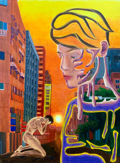 Socially Prescribed Perfectionism
acrylic on canvas
725*530 mm (28.5" x 20.9")

"I want to be perfect, I want the caress of the sun against my skin, I want to reach excellence because I want to reach other people's expectations. Yet, even with the warmth of so many, I look down upon what I have become. Is it the fear of losing what I never had? or is it the pain of dissappointing those who had?
Using the basic building fundamentals of acrylic on canvas, I evoke a personification of myself as both people represent a figment of my inner and outer personality, as the inner me is breaking itself to keep up, the outer superficial me looks down at the defeated inner-self. Prescribed by society to be an unstoppable juggernaut without weakness. I took inspiration from Salvador Dali's ""Birth of a Goddess"" in order to create the melting man (my outer self) that looks down upon the failing me.