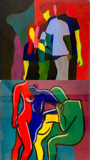 He and She 
acrylic on acrylic sheet
750*812 mm (29.5" x 32") 2 sides

Love is chosen; life is given; faith is finished.
We've fixated on the dimensions of life where love and pain are one of the same, but should we truly believe in this? Must "Love" be "Pain"? When we seek Elysium, do we hope Dystopia? The images of past choices of seduction and reduced self-worth are taken by what we can only know as unadulterated solitude. I took the images of what progresses as life moves forward throughout time as love is found and love is formed, from the initial contact to the growing lustful desire we all seek. What hidden are the nuanced caveats of what can only be in the privacy of our rooms and forever in the crevasses of our minds? 
I use cubism to encapsulate moving forward, but as the girl looks back only to see the approaching teal, through the darkness, the danger is already coming. Using red, blue, yellow, and green to show that sexual assault surrounds us even when we see everyone as normal, we can never know who's facing assault.