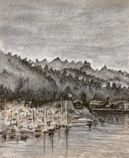 Home from Home
300*230 mm (11.8" x 9.1")
charcoal and colorpencil on paper

The view of Pedder Bay RV Resort & Marina is the scene I watch every morning as I spend my days painting on empty canvases as I headache about what to paint. It was a cloudy day, and I was exhausted as I sat back to view the fog in the air and the ships settling their sails. I took out my pad and a tiny runt of charcoal as I began to sketch what could only be the mundane but beautiful sight of everyday life. I took Chinese Ink and wash painting inspiration as I was reminded of my home and culture. The mountains and seas reminded me of Taiwan as I began to sketch the peak and the depths. Even after being gone over a year, I still see the hints of my history and adolescence in my Home from Home.