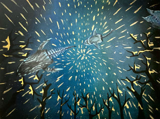 Champagne zemblanity
acrylic on canvas
406*508mm (16.0" x 20.0")

A beautiful ocean we have yet to fully understand, but are so willing to destroy. We have eradicated marine life faster than every species before us combined, yet we still continue to. The half whole and skeleton-bodied marine life swim across a champagne littered ocean representing the effect capitalistic greed has done on the world and the life that lives in it. Growing up in the city, I never got to see the stars or the galaxy above, I only saw the effects of a dying world.

