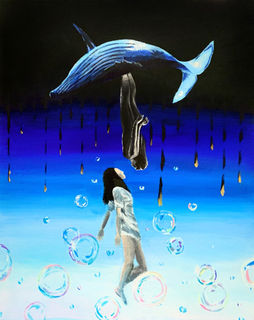 painting Whale fall When whales die they turn onto their backs and become  life nutrients for hundreds of creatures in the sea. This was inspired by the death of an intimate friend when I was 19. I began to think about death and what it is. Death is when life leaves us, we expect death to always be sad, but in some senses, it is the bittersweet reminder of how beautiful life is. As the lifeless soul comes out of the body, we give a host new thriving reasons to live, just like the blue whale.
