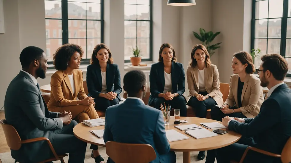 A diverse group discussing ethical values in a group setting