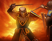 A knight fighting in full armor.