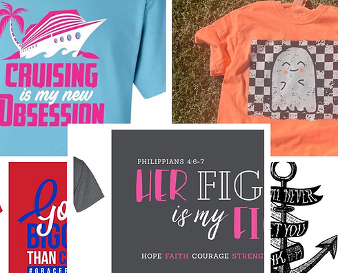 a collage of many custom screen printed t-shirts with custom graphics
