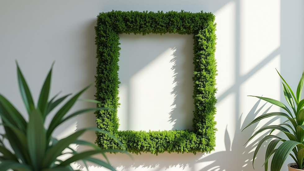 Close-up view of a decorative stabilized moss frame on a wall
