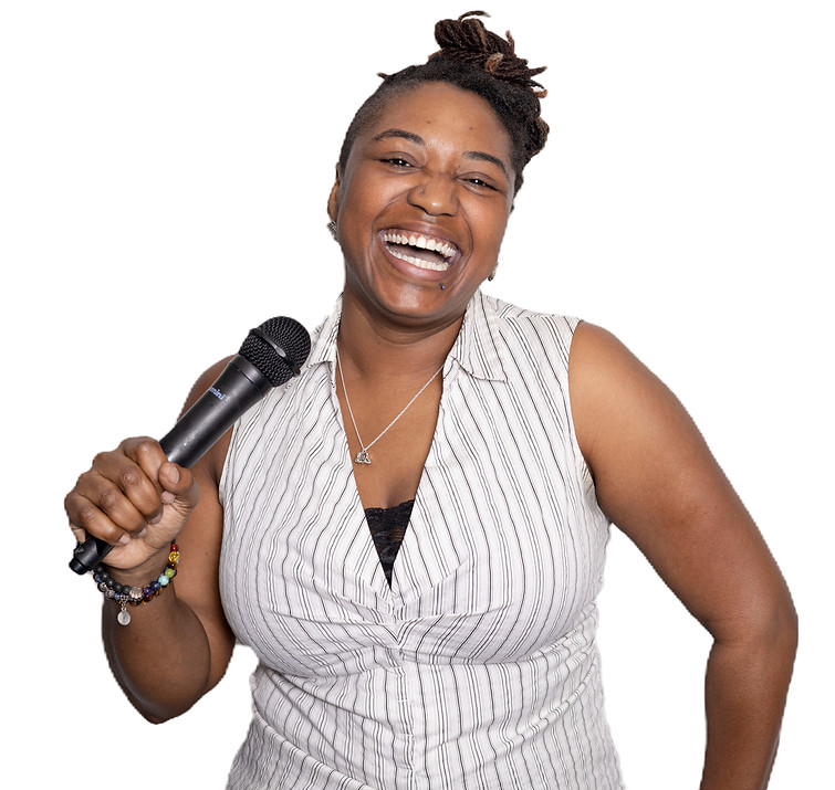 Alicia Robinson with microphone smiling