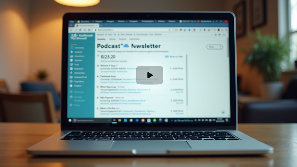 Eye-level view of a laptop displaying an email inbox with a podcast newsletter open