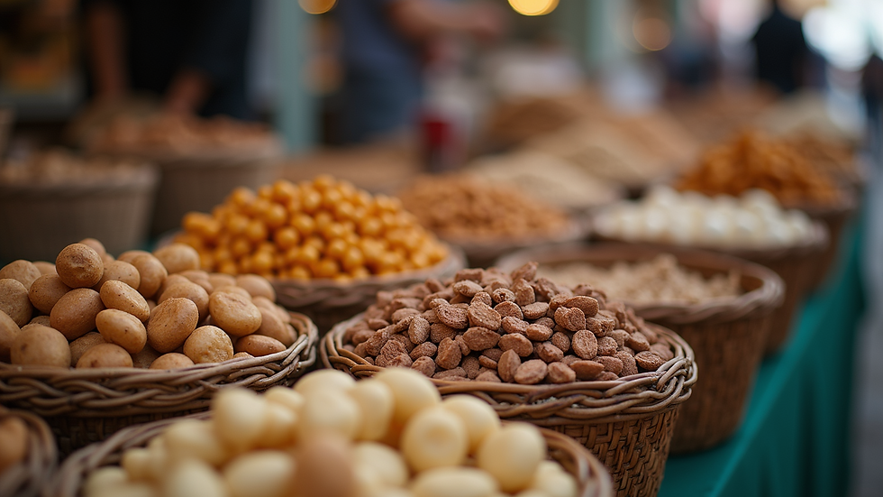 Close-up view of assorted handmade products at a local market