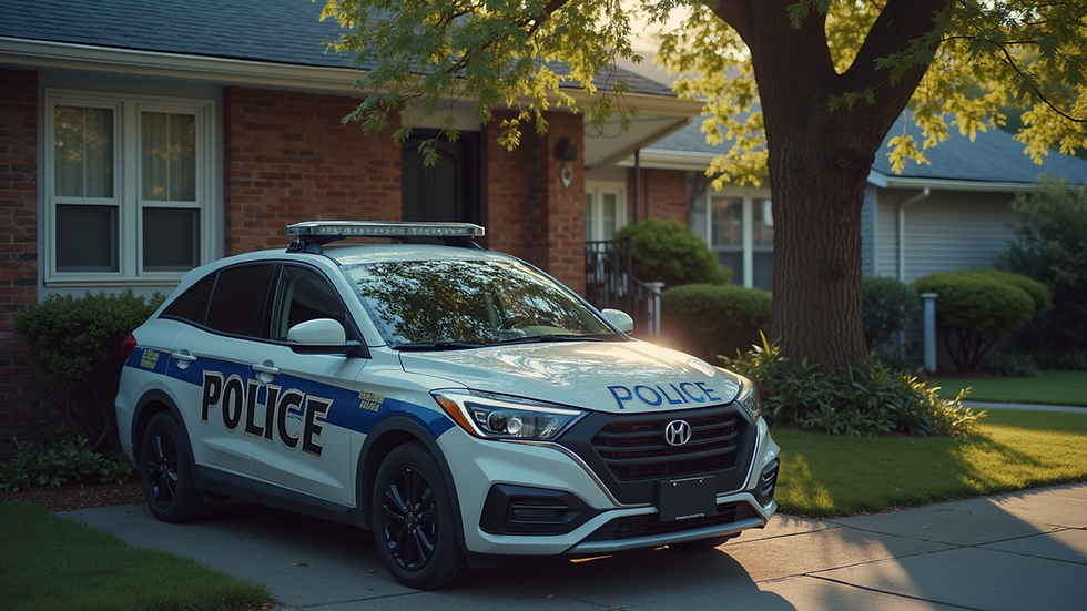 High angle view of a police car parked outside a residential building