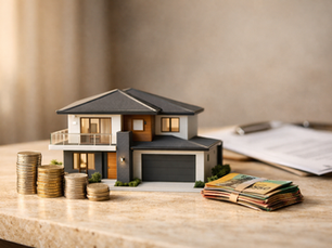 Modern Australian house model with stacked coins, cash and loan paperwork, representing home loan equity and borrowing power.