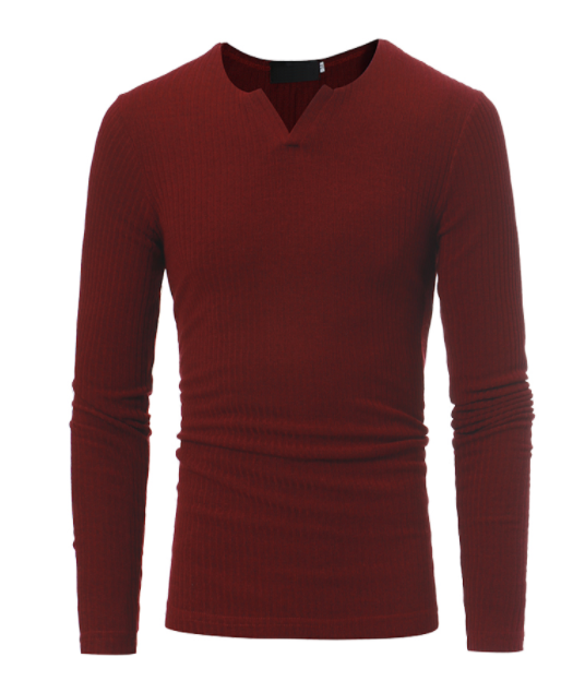 Men's Long Sleeve V-Neck Knit Top - Solid Color T-Shirt