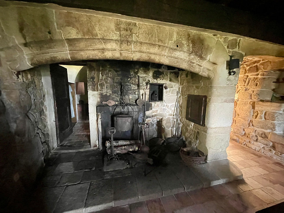 Kitchen fireplace with the bedroom beyond.
